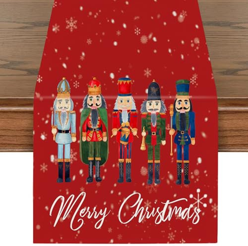 Weihnachten Tischläufer, 33x180cm Rot Leinen Tisch Läufer Weihnachten Nussknacker Tischwäsche Weihnachten Tischtuch Lang Xmas Abendessen Tischtuch für Dining Home Weihnachten Tischdekorationen