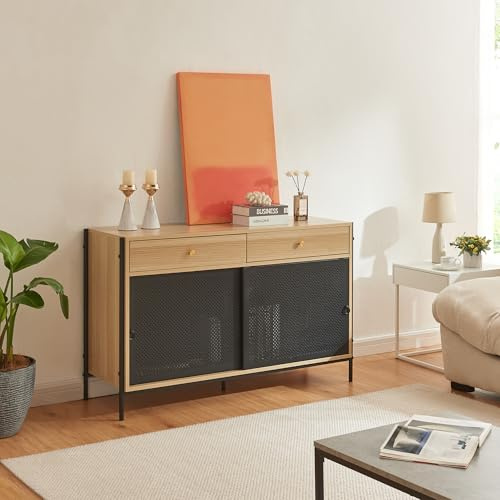 [en.casa] TV Schrank Tysnes Lowboard mit 2 Türen und 2 Schubladen Fernsehschrank 120 x 40 x 75 cm TV Board TV Kommode mit Metallgestell Fernsehtisch Eiche/Schwarz