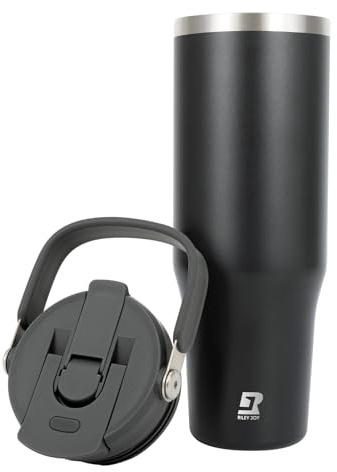 Riley Joy 2.0 Trinkflasche Edelstahl 1L Thermobecher mit Strohhalm und Henkel - Spülmaschinenfest - Auslaufsicherer Kaffeebecher to Go - Schwarz