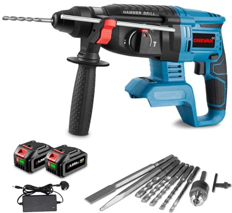 Cordless Hammer Drill - 650W SDS-Plus Heavy Duty Rotary Hammer Drill, with 4-Mode Brushless Power Drill, Max Drilling 26mm(1IN), 2×4.0Ah Batteries, 10 Accessories, for Home and Construction Work