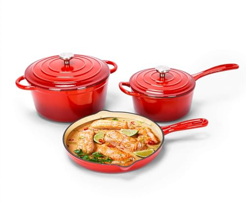 Hisencn 5-Piece Enameled Cast Iron Cookware Set - Dutch Oven, Sauce Pan & Skillet with Lids, PFOA-Free, Induction Compatible, Rouge Red