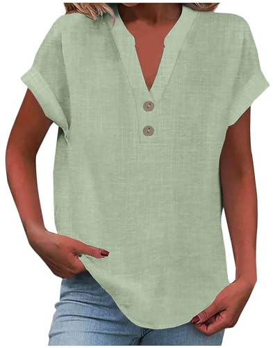 KOG Damen Tshirts Elegant Leinenshirt Tuniken Casual Kurzarm Blusen Frauen T-Shirts Vintage Leinenbluse Bekleidung Teenager Rundhals Basic Blusenshirt Grün S