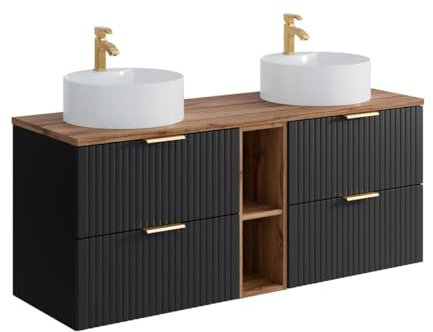 Vente-unique-Mobile per bagno sospeso con scanalature nicchie lavabo doppio appoggio tondo L140cm Nero le chiaro - ZEVARA