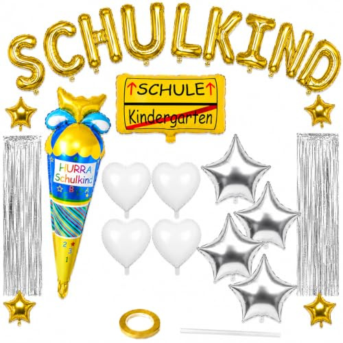 HSSPYY Einschulung Deko Folienballon Set Gold 27tlg, Schulkind Ballons mit 2 Lametta Vorhängen, Hurra Schulkind Eiscreme Ballon & goldenen Stern Folienballons, Fotohintergrund für den ersten Schultag