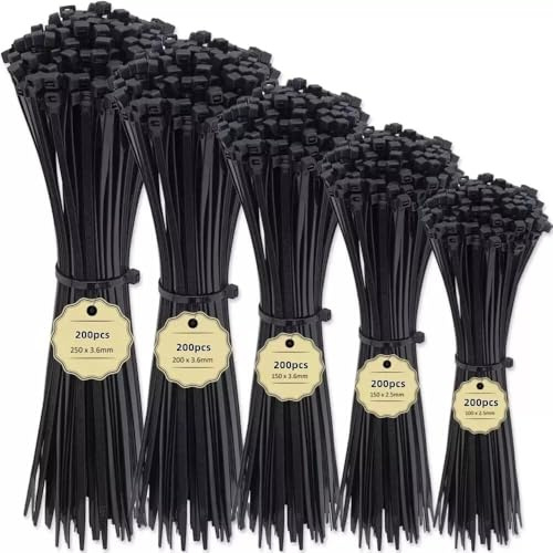 Yunzhou1230 Cable Zip Ties, 1000 Pack Black Zip Ties Assorted Size 10+8+6+4 Inch, Self-Locking UV Resistant Nylon Cable Ties, Perfect for Home, Garden, Office and DIY