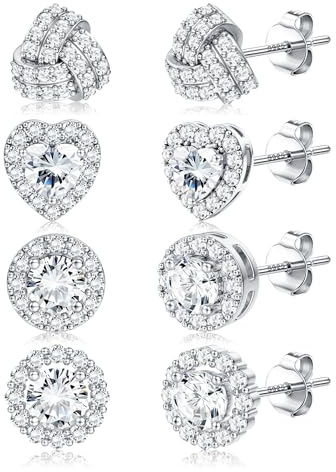 Dochais 4 Paires Boucles d'Oreilles Argent 925 pour Femmes Hommes Boucles d'Oreilles Diamant Zircone Cubique Rond Coeur Petites Boucle d Oreille Hypoallergénique Boucle d'Oreille Or 14 Carats Argent A