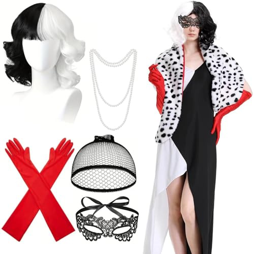 Cruella Costume Adult, Halloween Costumes Adult Women, 6 PCS Cruella Accessories Including Wig Hair Net Necklace Gloves Mask Cane, Cruella Costume for Halloween Christmas Carnival Party for 14+