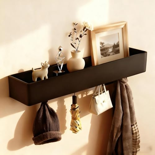 DEANKEJI Negro Perchero de Pared, Colgador Pared con 5 Ganchos, Perchero Entrada Recibidor con Estante, Colgadores de Pared para Dormitorio, Pasillo y Salón