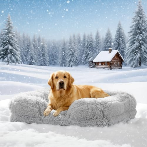 AZVFLY Orthopädisches Hundebett Grosse Hundesofa: Wärme rutschfest Bissfestigkeit Eiförmiger Schwamm Hundekissen Abnehmbar Quaste Hundematte Wintergeschenk für Hundeliebhaber Gemacht (Hellgrau, L)
