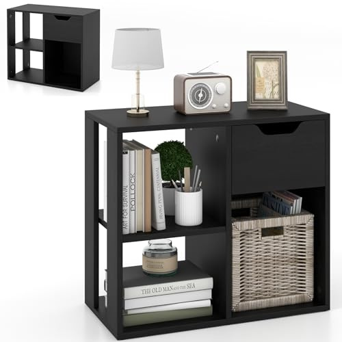 HOMASIS Bücherregal, Würfelregal mit Schublade & 3 Fächern, Standregal aus Holz, Büroregal mit offenen Ablagen, Raumteiler Bücherschrank für Wohnzimmer, Büro, Schlafzimmer (Schwarz)