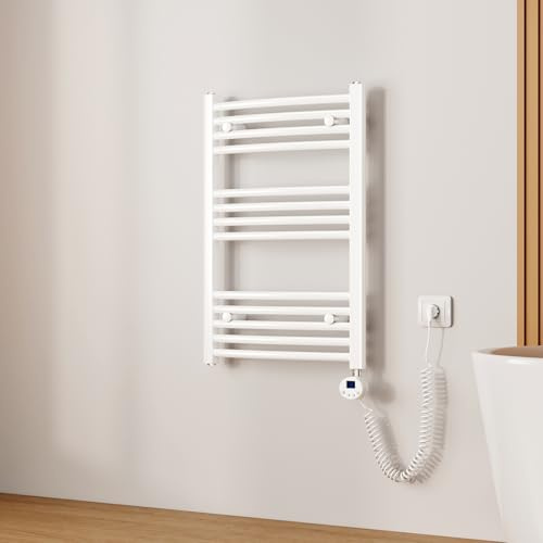 EMKE Scaldasalviette Elettrico Bagno,Curvo,75 x 50cm, 300W,Termoarredo Asciugamani da Bagno con WIFI Termostato,Bianco,Radiatore da Bagno