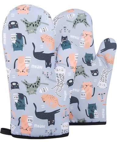 Ofenhandschuhe Kitchen, THETAG Ofenhandschuh und Topflappen Set Katze Hohe Hitzebeständigkeit,Topflappen Handschuh Waschbar Backofenhandschuhe Küchenhandschuhe Baumwolle Oven Glove