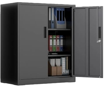 KOMFOTTEU Armadio con schienale in metallo a 3 livelli, contenitore di stoccaggio, ripiano regolabile, organizer per ufficio, dispositivo anti-ribaltamento, serratura con 2 chiavi, nero, 80 x 40 x 91