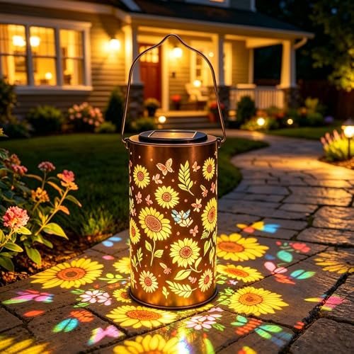 Solarlampen für Außen, Sonnenblumen Solarlampen für Außen Hängend, Metall Solarlaterne mit Bunte Sonnenblumen Silhouetten, IP65 Wasserdicht Solar Laterne für Außen Garten Terrasse Hof Balkon (F)