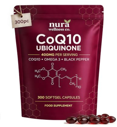 CoQ10 Supplement 400mg with Omega 3 & Black Pepper Capsules - 300 Vegan Softgels (5 Month Supply) - Naturally Fermented High Absorption Ubiquinone Coenzyme Q10 for Women & Men | Non-GMO