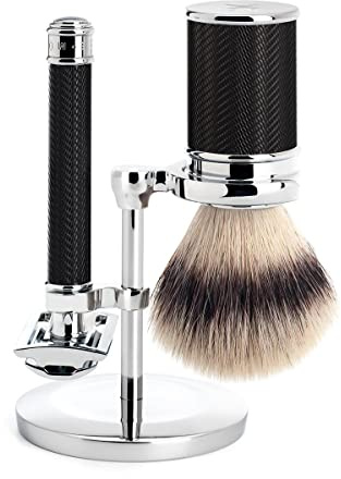 MÜHLE Traditional Rasierset - Silvertip Fibre Pinsel, Hobel mit geschlossenem Kamm, verchromter Metall-Ständer, Edelharz Griff schwarz