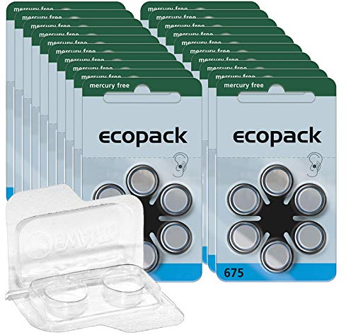 120x ecopack Hörgerätebatterien 675 (Blau), 20x6er Blister PR44 1,4V + Aufbewahrungsbox für 2 Hörgerätebatterien (alle Größen), transparente Batteriebox für Zwei Knopfzellen bis 12 mm x 6 mm (Ø x H)