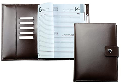 DELMON VARONE - Personalisierbarer Buch-Kalender DIN A5 2026 + 2027 Cambridge Top Grain Leder Braun - Organizer Terminkalender 1 Tag 1 Seite - Taschenkalender Druckknopf Stiftschlaufe & Einschubfächer