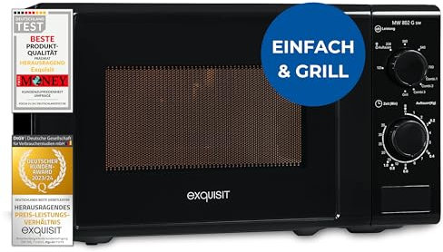 Exquisit Mikrowelle 20L, 1000 Watt Grill, 700 Watt, 25,5cm Drehteller, 5 Leistungsstufen, Timer, Auftaufunktion, 2 Drehregler, MW 802G schwarz