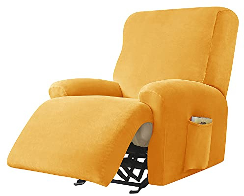 Highdi Copripoltrona Relax Reclinabile Completo 4-Pezzo Fodera per Poltrona Elasticizzato 1 Posto con Tasche, Coprisedile Poltrona Velluto Lavabile Antiscivolo Copripoltrona (oro)