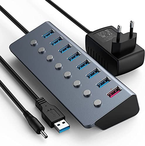 USB Hub Alimentato 3.0 con 5V/3A Adattatore, 8 Porte USB Presa Multipla Interruttore On/Off Ciabatta Trasmissione Dati e Led Spia Luminosa USB HUB per MacBook Air/Pro, iPad Pro, Microsoft, Windows
