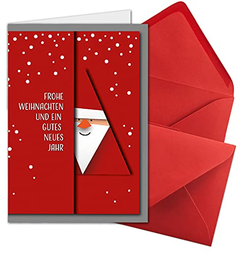 NEUSER PAPIER 5 XL Weihnachtskarten-Set DIN A5 mit rotem Weihnachtsmann Motiv - Faltkarten mit Umschlägen DIN C5 Rot mit Nassklebung - Weihnachtsgrüße für Firmen und Privat
