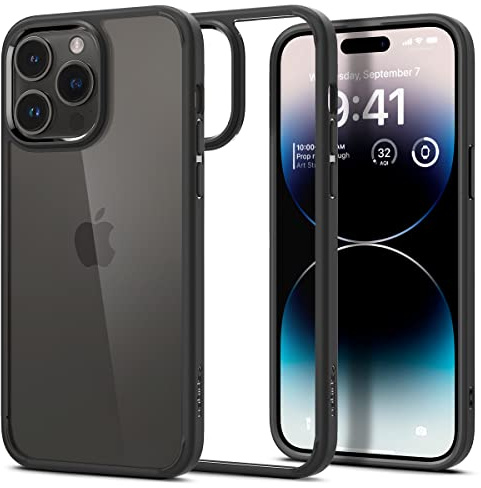 Spigen für iPhone 14 Pro Ultra Hybrid Hülle [Anti-Yellowing] Case Handyhülle Schutzhülle Cover Transparent Durchsichtig Dünn Slim -Matte Black