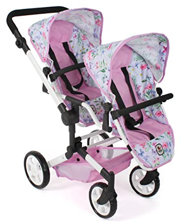 Bayer Chic 2000® Cochecito para muñecas Linus Duo – Flowers Rosa – Cochecito Doble Plegable – Mango Ajustable 50 – 82 cm – Muñecas de hasta 50 cm – 4-8 años