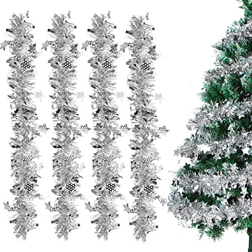 Sprinlot Guirlande Noël Argent 4pcs - Tinsel Métallique Scintillant pour Sapin - Décoration des Fêtes