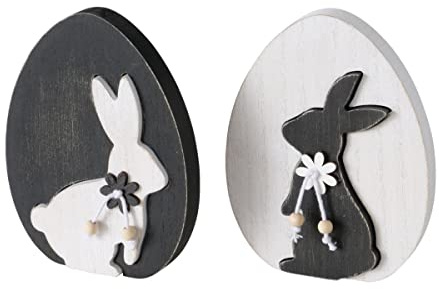 RiloStore 2 STK Ostereier schwarz Weiss mit Osterhasen 18cm zum Stellen aus Holz n691 Ostern Holzeier Dekoeier Aufsteller Osterschmuck Geschenkset Naturdeko