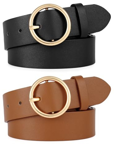 WERFORU 2 Stücke Frauen Ledergürtel für Jeans Hosen Mode Damen Leder Gürtel mit Gold O-Ring Schnalle Schwarz/Braun