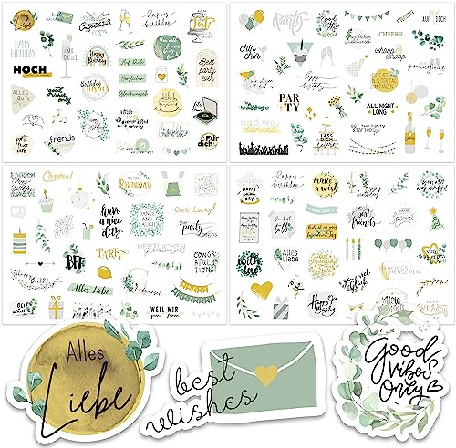 Gentle North Sticker Geburtstag (134 Motive) - Aufkleber für Fotoalbum oder Gästebuch - Liebevoll gestaltete Geburtstagssticker als Deko für die Party - Für Erwachsene im eleganten Design (Gold-Grün)