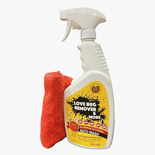 Love Bug Car Remover Spray and Auto Wash. Multi-Surface Remover and Wash Bird Poop, Tar, Sap, Bugs and More. Interior & Exterior Car Detailing Solution. 24 oz spray bottle w/ microfiber cloth. No Chemicals