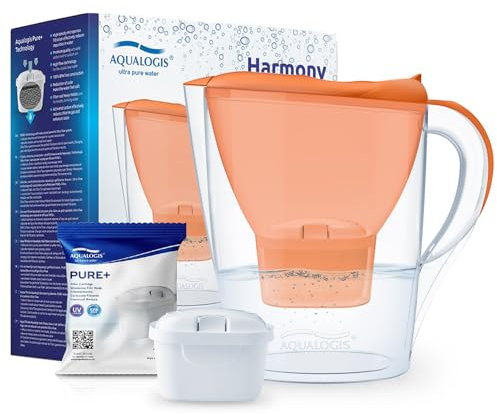 Aqualogis Harmony Carafe filtrante pour réfrigérateur 2,6 l pour réduction des microplastiques, du calcaire, du chlore, du goût et des odeurs, sans BPA, (modèle de filtre de rechange : Pure+) (orange)
