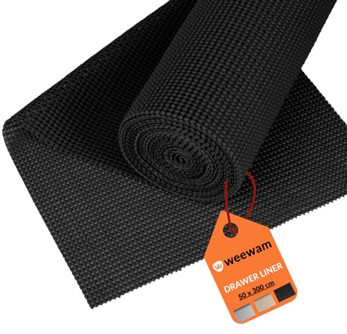 Weewam Schubladenmatte 50 x 300 cm| Antirutschmatte Schubladen, Eva-Material Zuschneidbar Schubladen Einlagen Nicht Klebende Matte, BPA- frei| Schutzmatte für Schubladen, Schränke, Regale| Schwarz