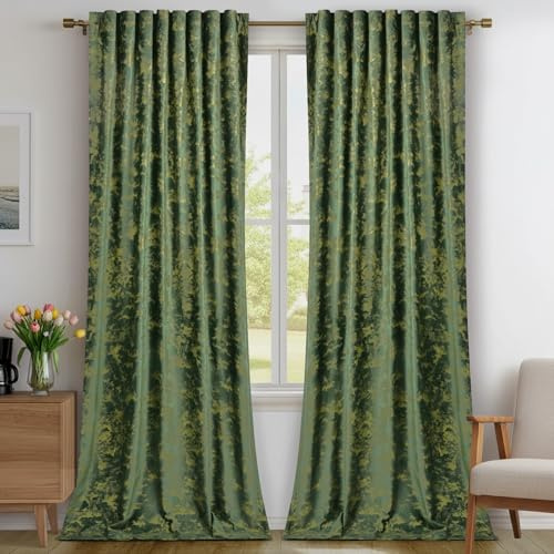 Rosnek Samt Vorhang Grün Blickdicht 2er Set,H244xB132CM Gardinen Kräuselband mit Heißprägen Muster,Thermogardine Verdunklungsgardine mit Multifunktionsband,Olivgrün