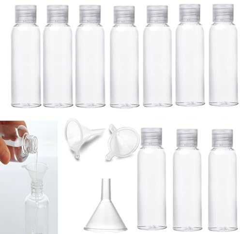 CAASFOOY 10 Stück 100 ml Reiseflaschen Set, Transparent, Kunststoff Reiseflaschen Für Toilettenartikel, Mit 3pcs Kleinem Trichter Für Make Up Entferner,Duschgel,Shampoo, Lotion