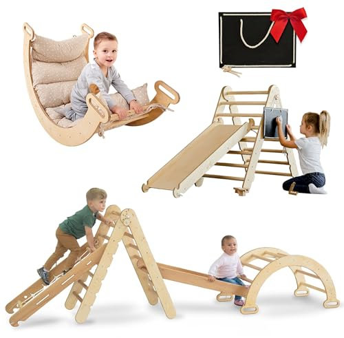 Extra Groß 5-in-1 Indoor Klettergerüst für Kleinkinder - Dreiecksleiter, Kletterbogen & Kletterrampe & Netz, Kissen, Montessori Klettergerüst, Kinder Holzspielplatz, für Kinder von 1-5 Jahren