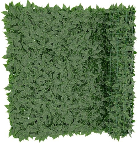 Siepe Finta Artificiale Ultra Coprente Anticaduta Rotolo Rete Frangivento Ornamentale Foglia Edera Sintetica Per Ringhiera Terrazzo Balcone Giardino Recinzione Verde Scuro (2 x 9 Mt)