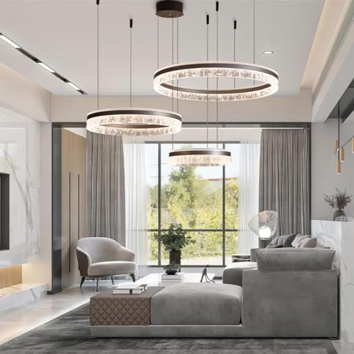 RuiRfh Modern Ring Pendelleuchte 120W LED Dimmbar Wohnzimmer Kronleuchter Mit Fernbedienung Schick Hängeleuchte Schlafzimmer Salon Esszimmer Leuchter Verstellbare Höhe Kombination Hängelampe braunes A