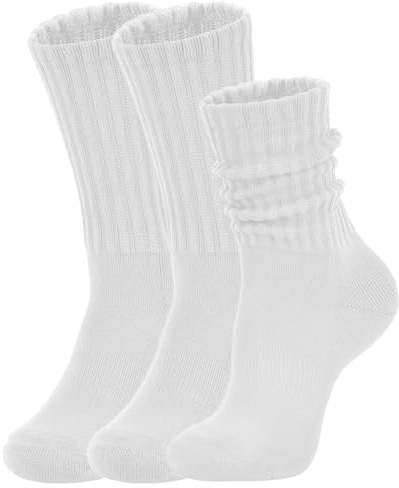 AugRing Women's Slouch Crew Socks Retro Solid Scrunch Boot Chunky Ribbed Cozy Cotton Calf Socks 3 Pack Size 5-11 (3 Pack White)