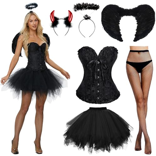 JONRRYIN Schwarz Engel Kostüm, Engel und Teufel Flügel Kostüm, engelsflügel kostüm damen mit Damen Schnürkorsett Top, Tüllrock, Heiligenschein und Teufel Hörner für Halloween Karneval (Schwarz, M)