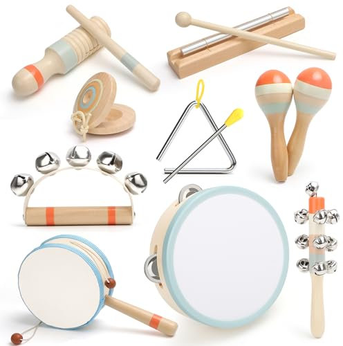 Musikinstrumente für Kinder, Kinderspielzeug ab 3 Jahre, Montessori Spielzeug, Holzspielzeug Baby Schlagzeug Kinder Trommel, Percussion-Instrumente Set, Geschenkideen für Jungen Mädchen 3+(10 in 1)