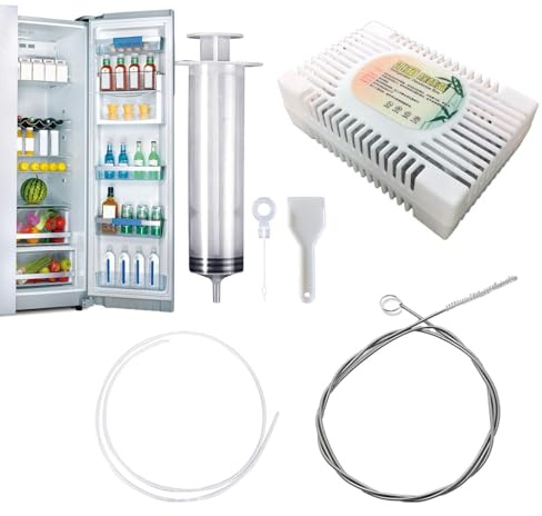 Kühlschrank Reinigungsset, Kühlschrank Abfluss Reinigung Kühlschrank Reiniger Spritze Kühlschrankbürsten Reinigungsbürste Wiederverwendbar Edelstahl Abflussreiniger Flexibles Bürstenreinigungszubehör