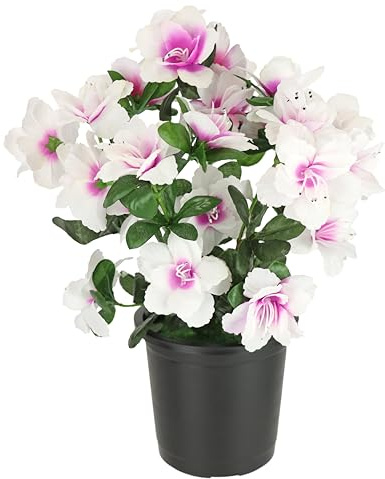 Kunstblume Azaleen im Topf 29cm Rhododendron Blumen künstlich Seidenblume Dekoblume Floristik Topfpflanze Blühende Pflanze Blume Kunstpflanze Blumendeko Tischdeko Zimmerpflanze, Weiß/Rosa