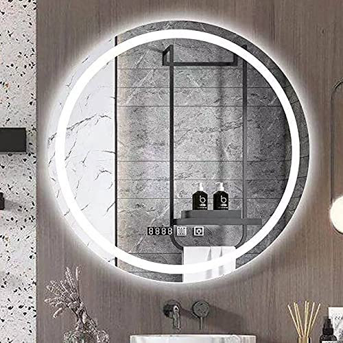 GLMGBP Runder LED-Badezimmerspiegel, beschlagfreier Kosmetikspiegel zur Wandmontage mit Beleuchtung, 3 Beleuchtungsmodi, einstellbare Helligkeit, mit Touch-Taste, Zeit- und Temperaturanzeige