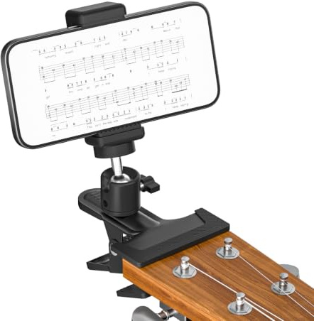 Chunxiao Clip-on Guitar Phone Holder Mount with 360° Rotate Guitar Cell Phone Holder for Recording/Live Broadcast/Video/Teaching Smart Phone Holder for Guitar, Electric Guitar, Bass, Ukuleles | 360° Full Rotation,Anti-Scratch Rubber Pads,Supports Portrait & Landscape Modes,Adjustable Phone Clip Fits Most phones