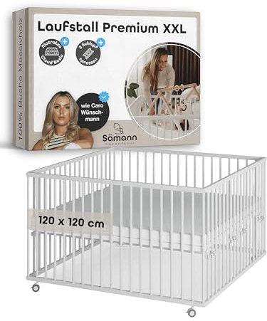 Sämann Laufstall Baby mit Matratze Cloud Air & Lattenrost | stufenlos höhenverstellbar | Laufgitter Premium | Babybett aus Holz | Krabbelgitter (weiß, 120x120 cm)