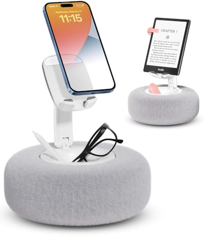 viozon Handyhalter für Bett, kompatibel mit 4,7–7 Zoll Handy/Kindle/iPad mini, verstellbar, Kindle Kissenhalter, flauschiges Mini-Kissen, grau