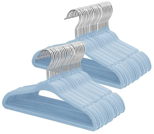 ManGotree 11 Baby Velvet Hangers, Non-Slip Infant Coat Hangers, Ultra-Thin Toddler Felt Hanger with 360° Swivel Hook, Space Saving Children's Hanger for Kids Clothes, 48 Pack (Blue)